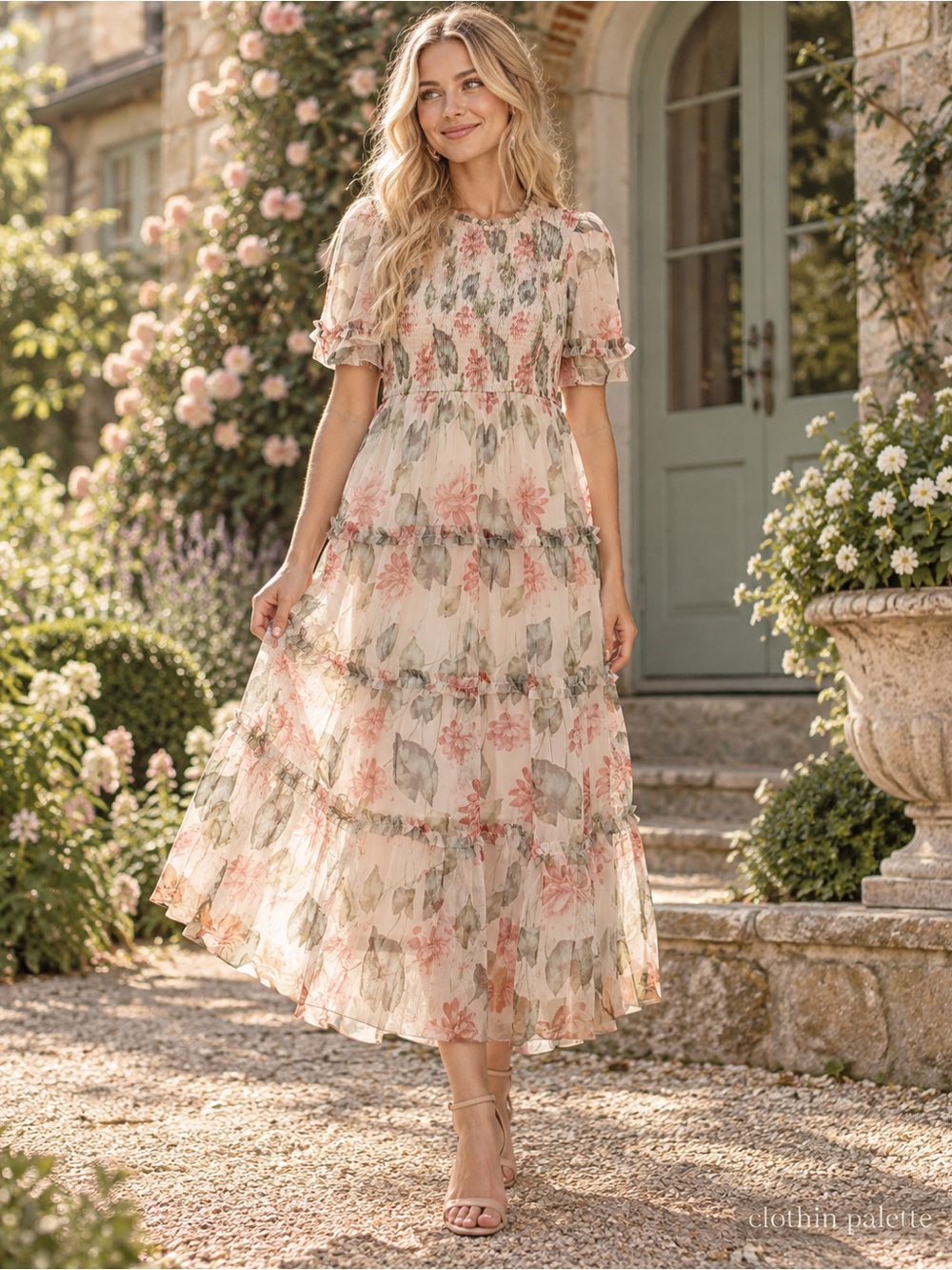 NWT Celadon Adeline Floral Mesh Smocked Tiered Midi Dress L
